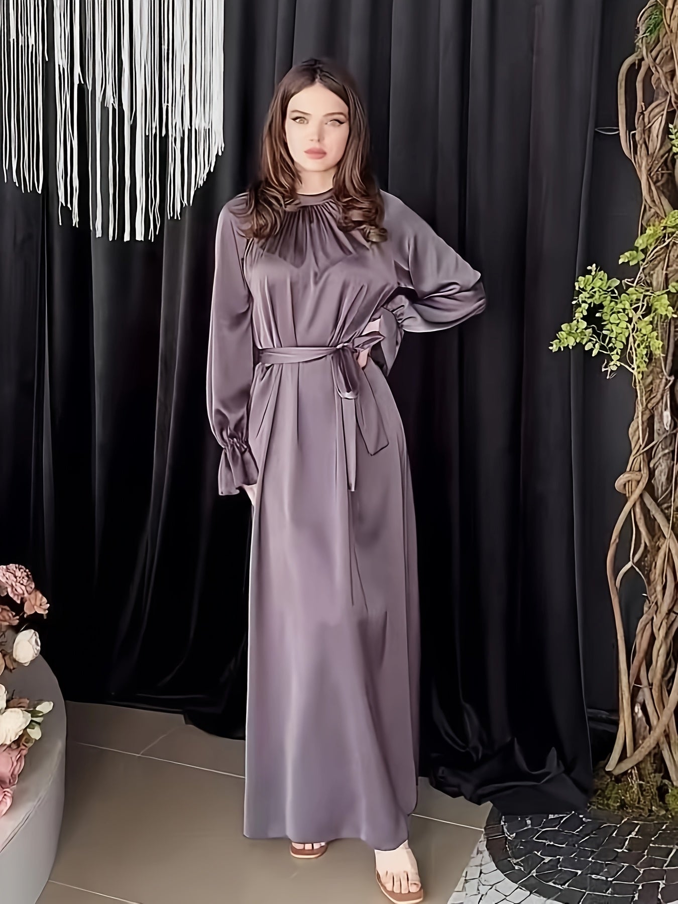Elegant Brown Satin Women'S Dress, Long Sleeve Round Neck with Belt, Solid Color Ruffle Design, Perfect for Parties or Formal Occasions, Spring/Summer Collection, Formal Attire|Ruffle Detail Dress|Polyester Fabric